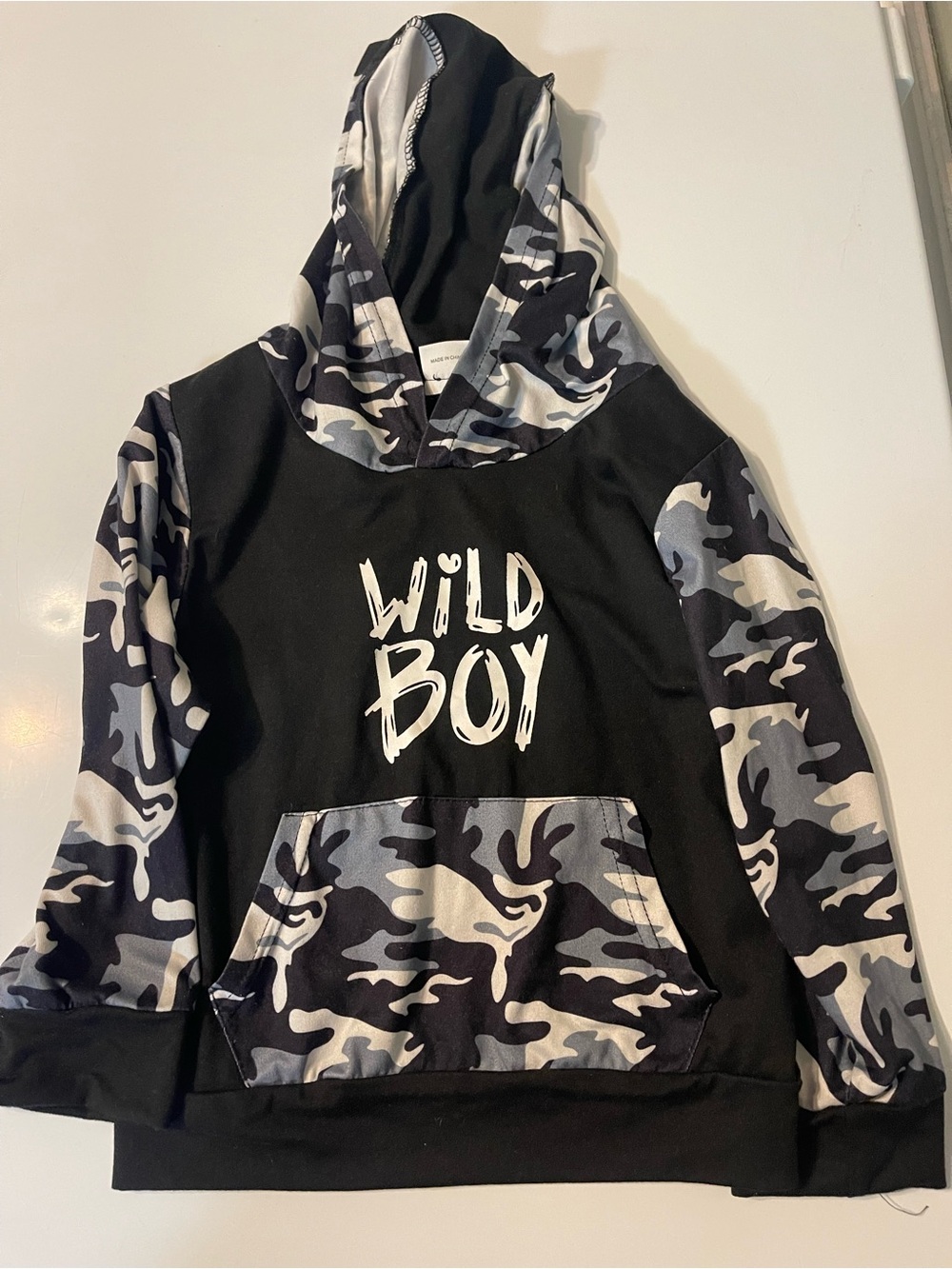SHEIN Black & Gray Camo "Wild Boy" Hooded Sweatshirt for Kids